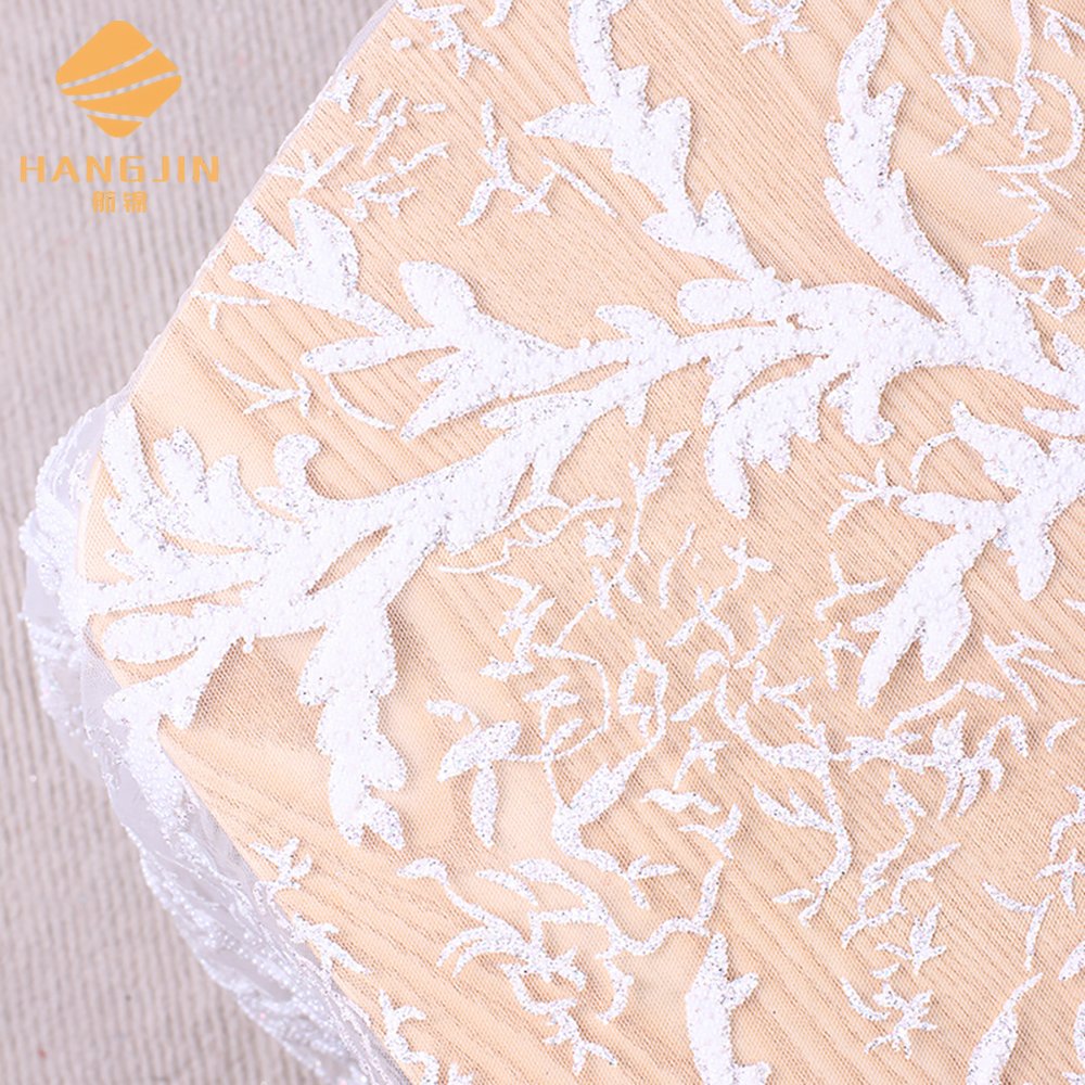 Wholesale white beaded wedding lace fabric embroidery glitter lace fabric