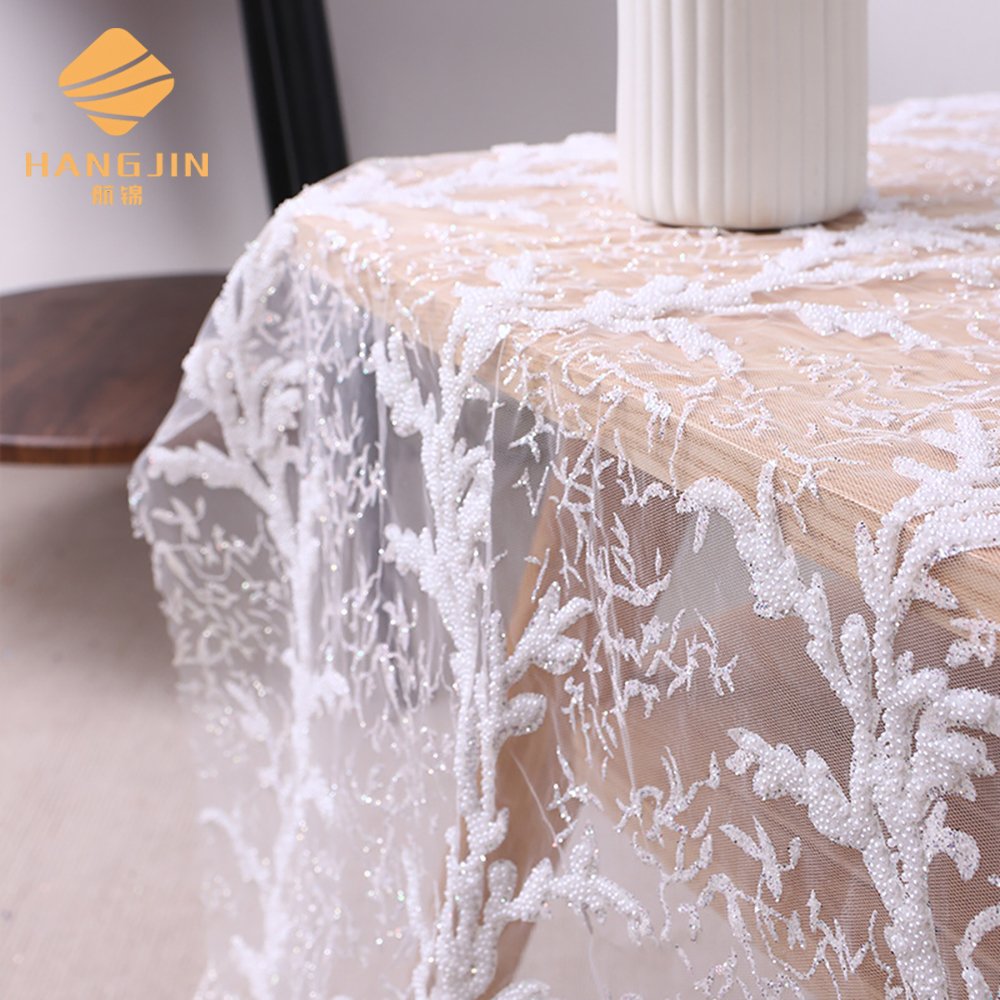 Wholesale white beaded wedding lace fabric embroidery glitter lace fabric