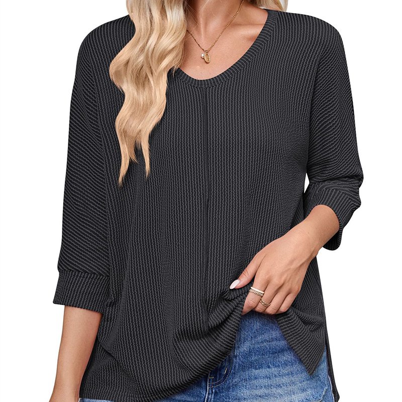 Wholesale solid oversized Tee shirts V neck three quarter sleeve blouse plus size embossed textured ribbed knit T shirt women