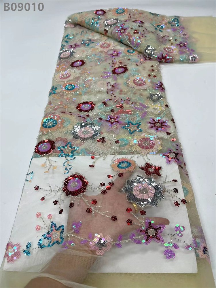 Sequins Embroidery Lace Fabric with Beads Embroidered Fabric Net Lace Wedding Dress Material
