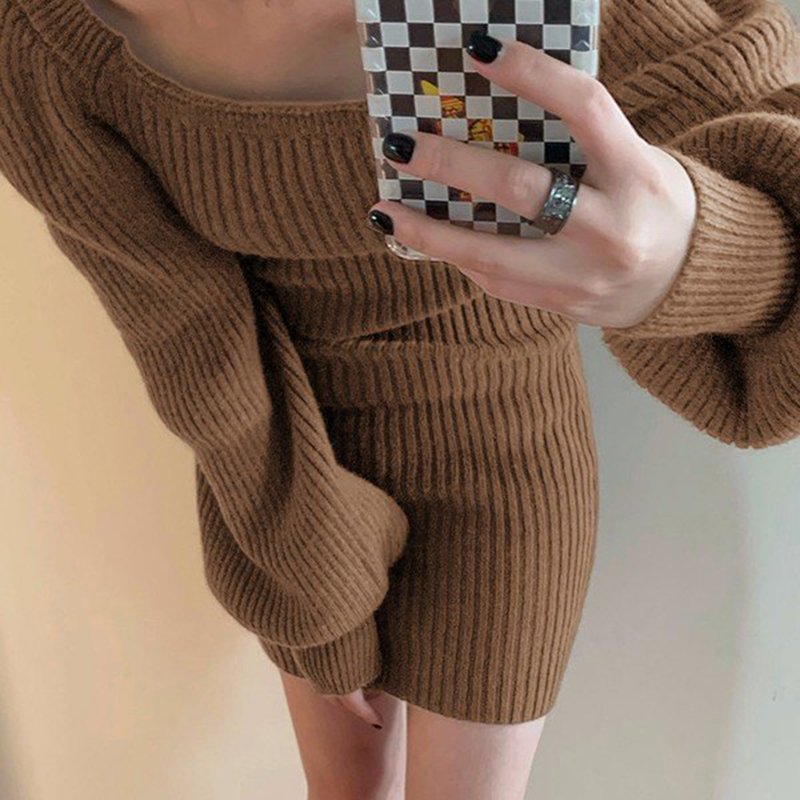 Clothing Manufacturers Custom Puff Sleeve Brown Ribbed Knit Mini Dress Elegant Party Dress Casual Brown Mini Dresses