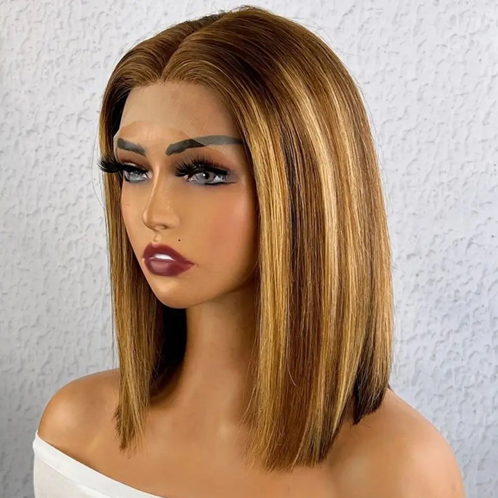 Highlight Ombre Bob Wig Straight P4/27 Honey Blonde Lace Front Wigs Human Hair HD Lace Frontal Bob Wigs