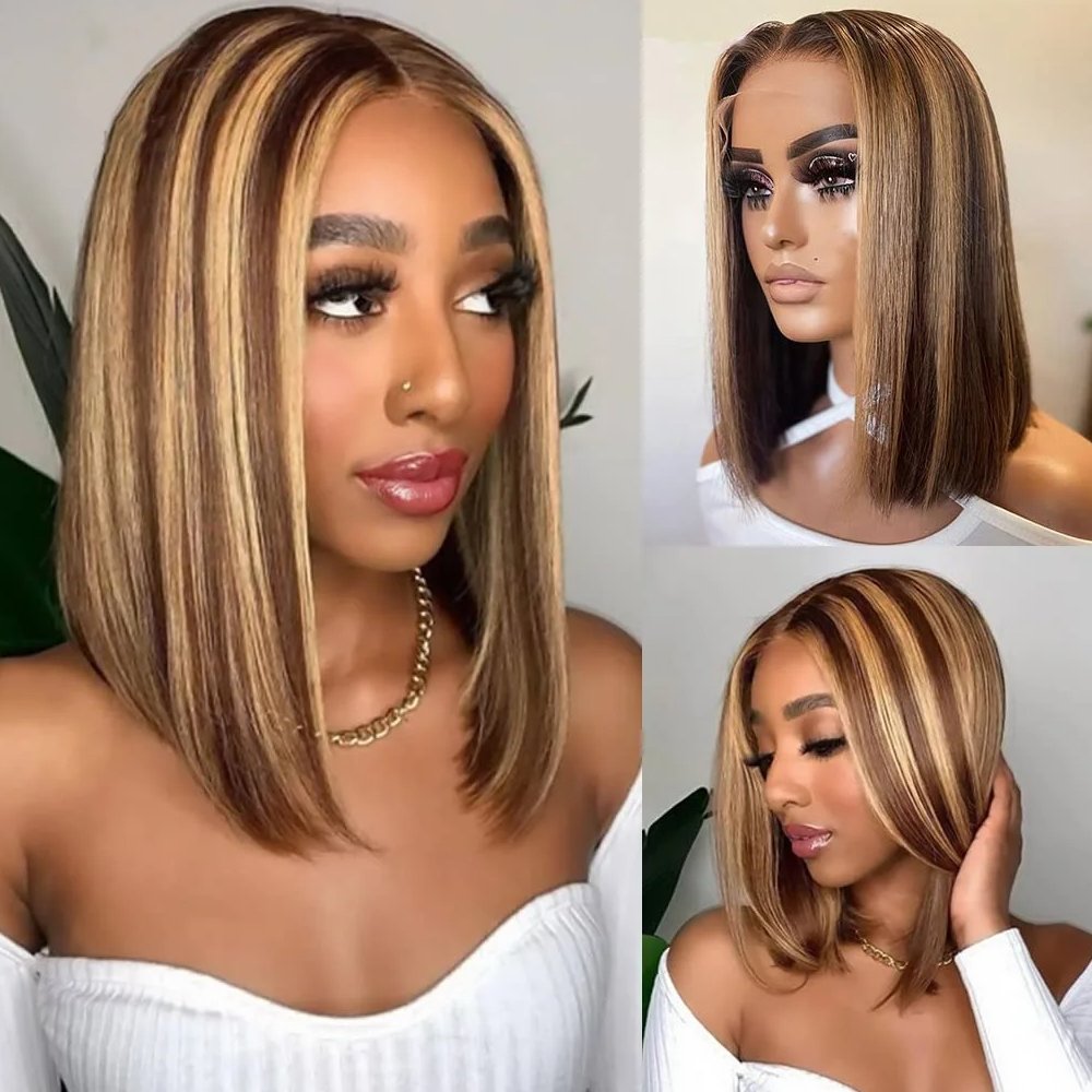 Highlight Ombre Bob Wig Straight P4/27 Honey Blonde Lace Front Wigs Human Hair HD Lace Frontal Bob Wigs
