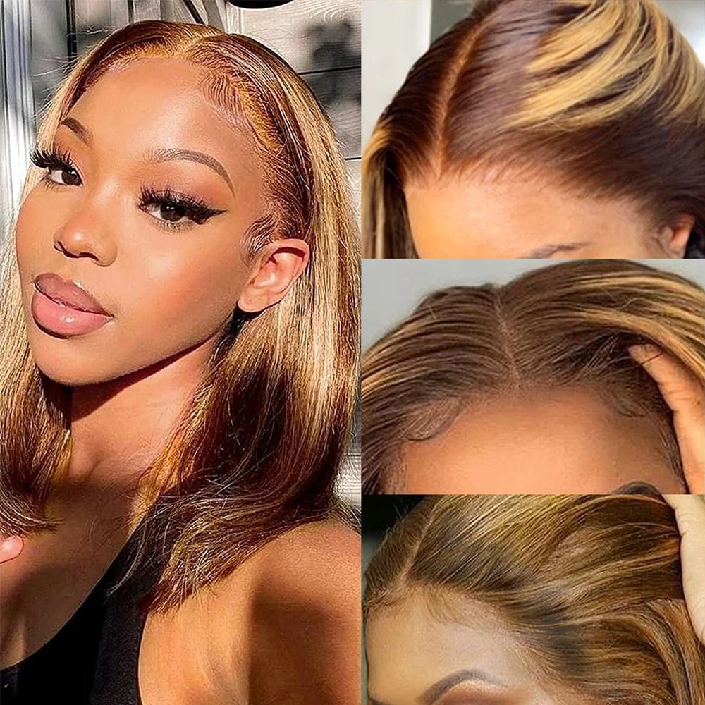 Highlight Ombre Bob Wig Straight P4/27 Honey Blonde Lace Front Wigs Human Hair HD Lace Frontal Bob Wigs