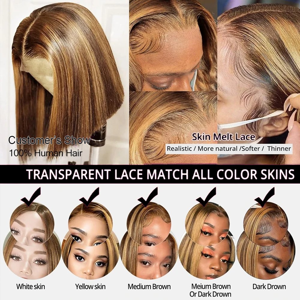 Highlight Ombre Bob Wig Straight P4/27 Honey Blonde Lace Front Wigs Human Hair HD Lace Frontal Bob Wigs