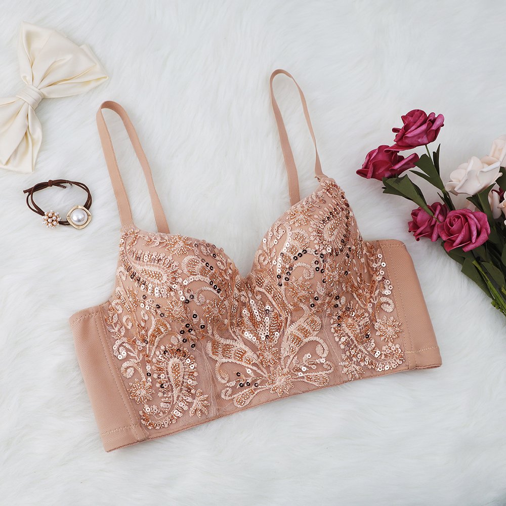 Custom luxury lace embroidered sequined bustier top Champagne women corset top