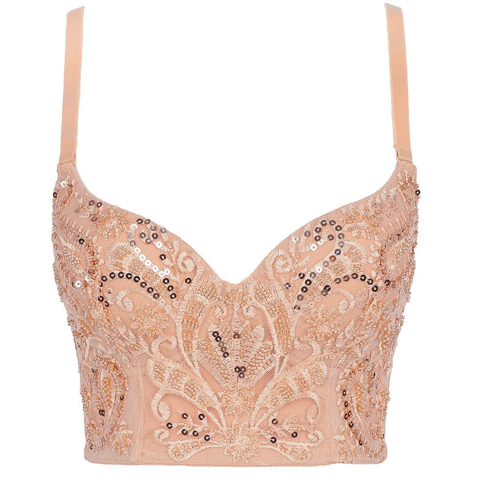 Custom luxury lace embroidered sequined bustier top Champagne women corset top