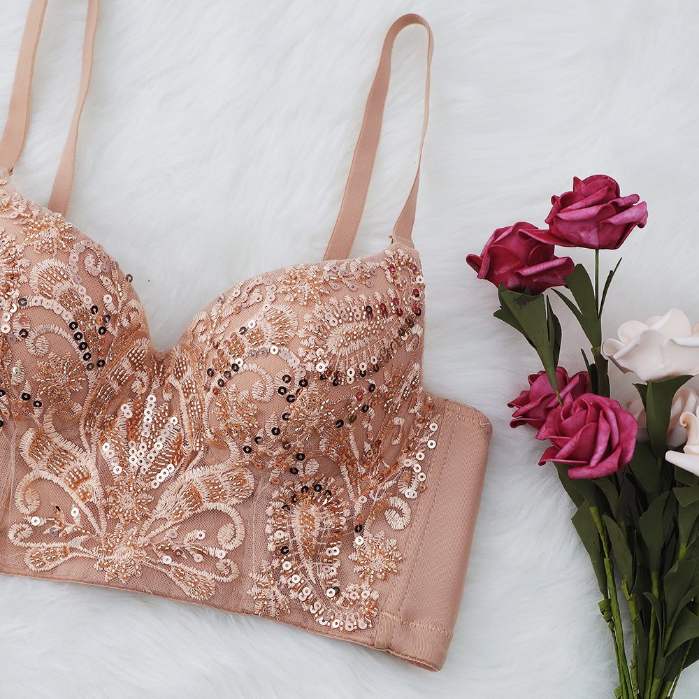 Custom luxury lace embroidered sequined bustier top Champagne women corset top