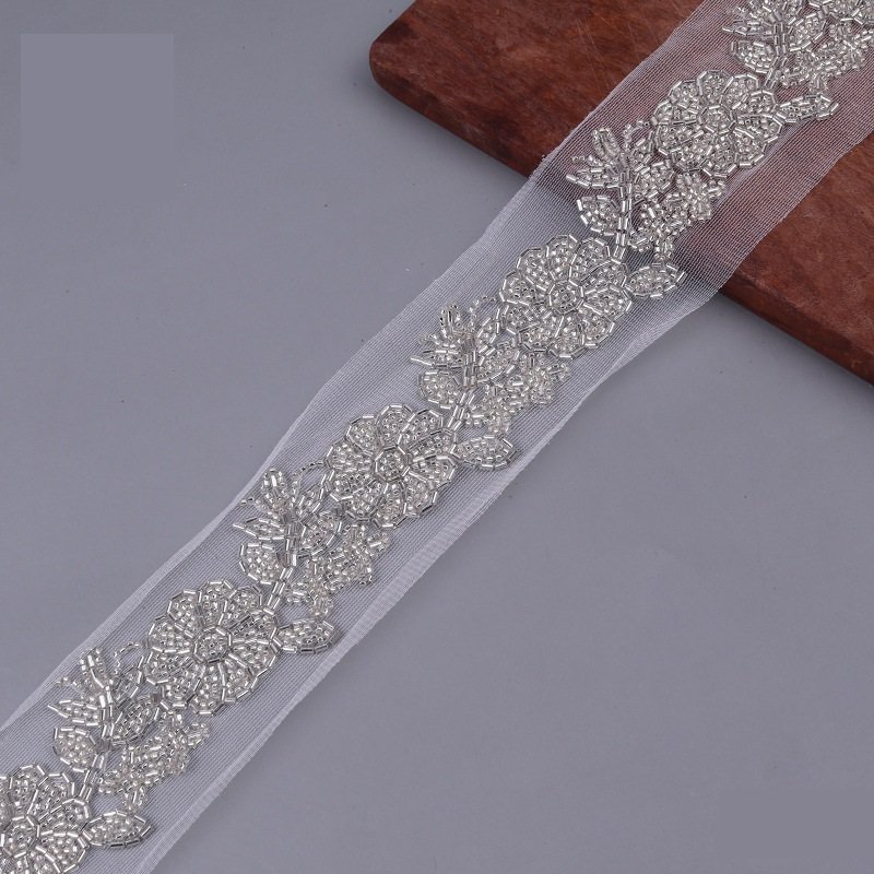2023 Hot List Beaded Bar Code Mesh Machine Lace Ribbon Lace Beaded Clothing Accessories Hand-beaded Sequin Trim