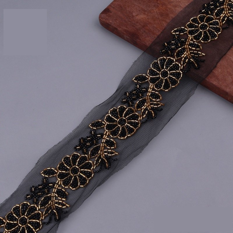 2023 Hot List Beaded Bar Code Mesh Machine Lace Ribbon Lace Beaded Clothing Accessories Hand-beaded Sequin Trim
