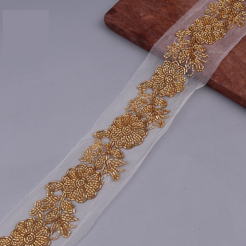 2023 Hot List Beaded Bar Code Mesh Machine Lace Ribbon Lace Beaded Clothing Accessories Hand-beaded Sequin Trim