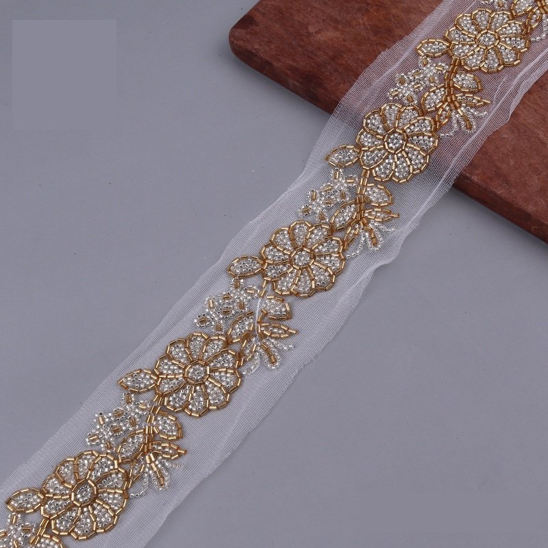 2023 Hot List Beaded Bar Code Mesh Machine Lace Ribbon Lace Beaded Clothing Accessories Hand-beaded Sequin Trim