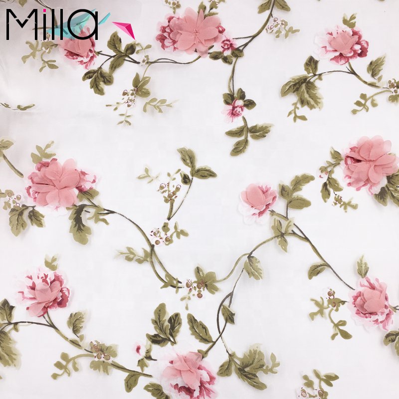 2023 Hot Sale 3d Flowers Floral Print Embroidery Organza Fabric