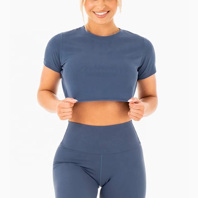 Wholesale Casual Regular Fit Ribbed Crewneck Plain Cropped Top T-Shirt Lounge Raw Hem Cotton Spandex T Shirts Women