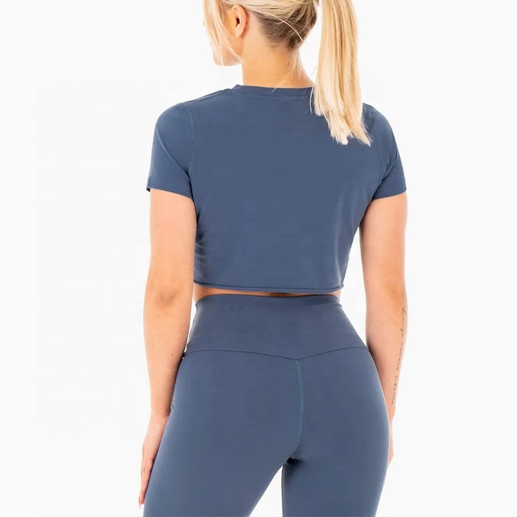 Wholesale Casual Regular Fit Ribbed Crewneck Plain Cropped Top T-Shirt Lounge Raw Hem Cotton Spandex T Shirts Women