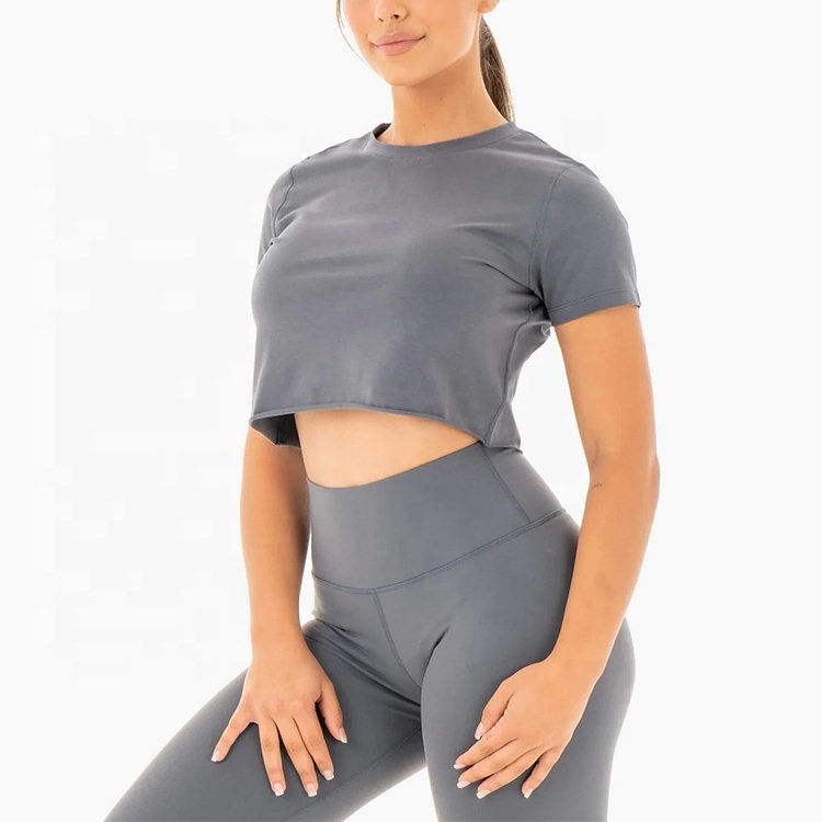 Wholesale Casual Regular Fit Ribbed Crewneck Plain Cropped Top T-Shirt Lounge Raw Hem Cotton Spandex T Shirts Women
