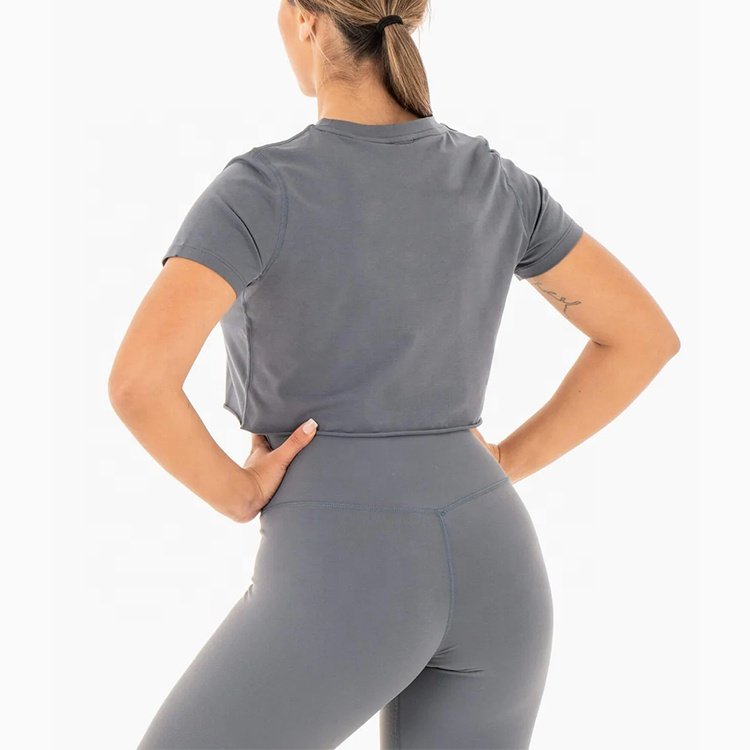 Wholesale Casual Regular Fit Ribbed Crewneck Plain Cropped Top T-Shirt Lounge Raw Hem Cotton Spandex T Shirts Women