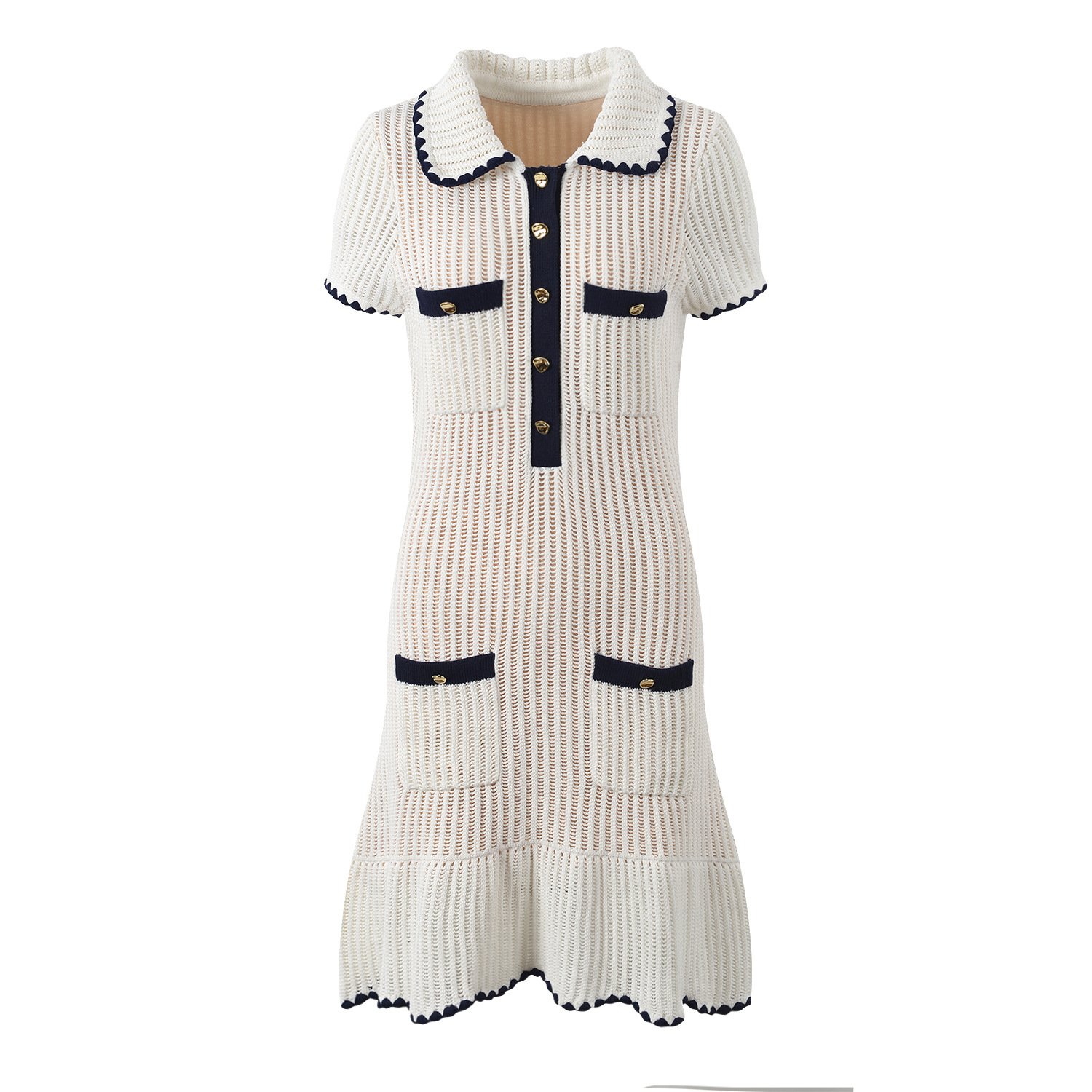 2024 new arrivals lapel contrasting color hemming short-sleeved knitted dress