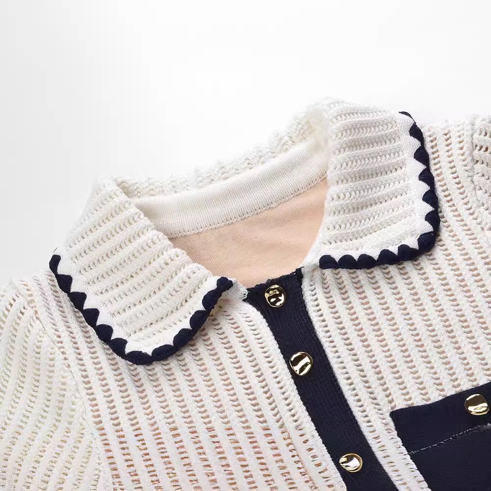 2024 new arrivals lapel contrasting color hemming short-sleeved knitted dress