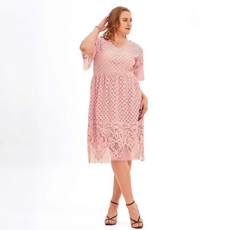 2022 spring and summer new products in Europe and America plus size women's loose casual short-sleeved lace dress