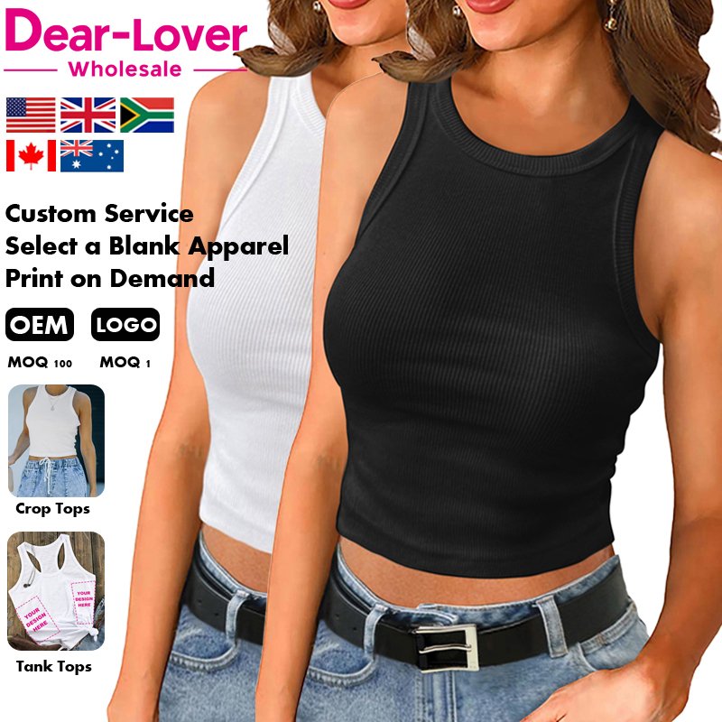 Dear-Lover OEM ODM Custom Logo Wholesale Fashion High Quality Ladies Blank White Black Basic Knitted Rib Crop Tank Top Women