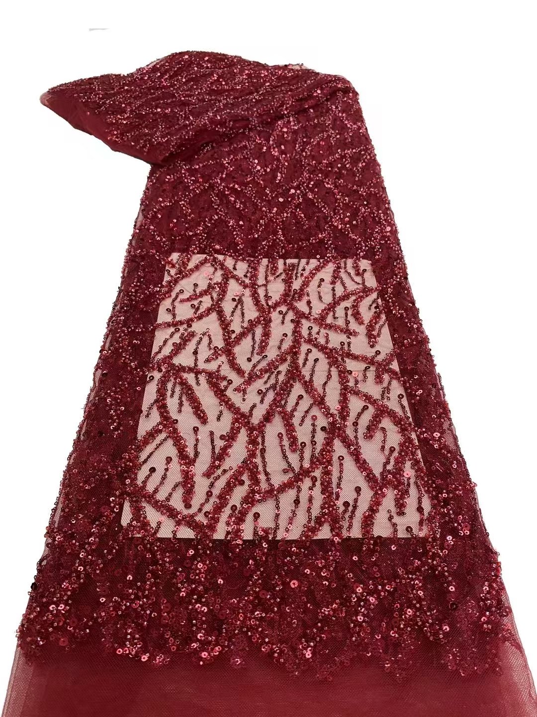 High Quality Good Price Plant Rattan Lace Sequin Embroidery Fabric Bead Beautiful Wavy Lines