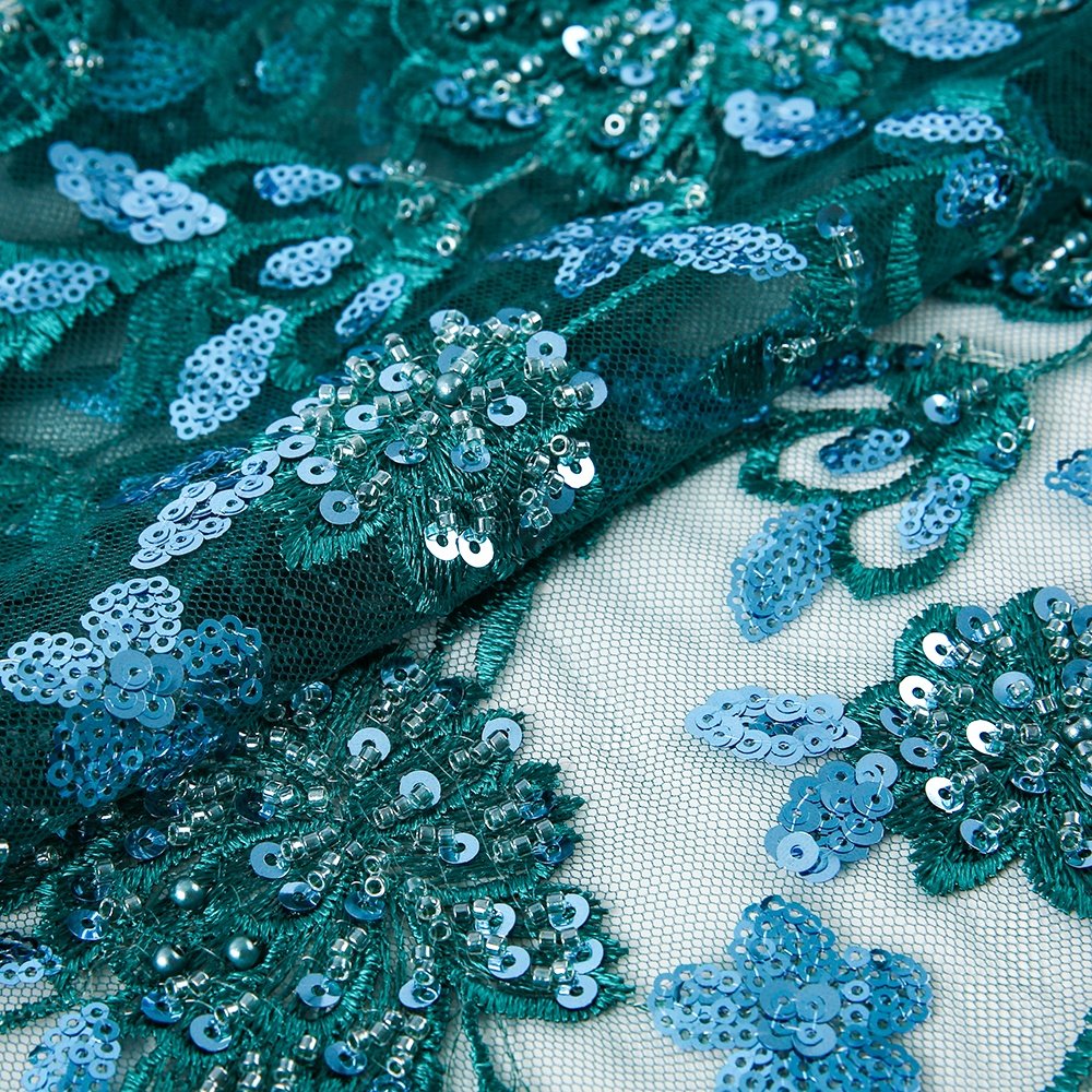 French Lace Fabric Mesh Green Sequin 3d Flower Embroidery Fabric for Dress Heavy Beaded Luxury Tulle Underwear 100% Polyester /
