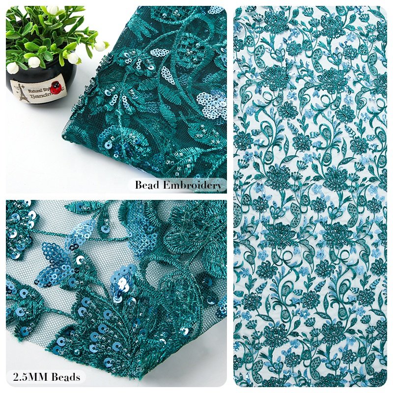 French Lace Fabric Mesh Green Sequin 3d Flower Embroidery Fabric for Dress Heavy Beaded Luxury Tulle Underwear 100% Polyester /