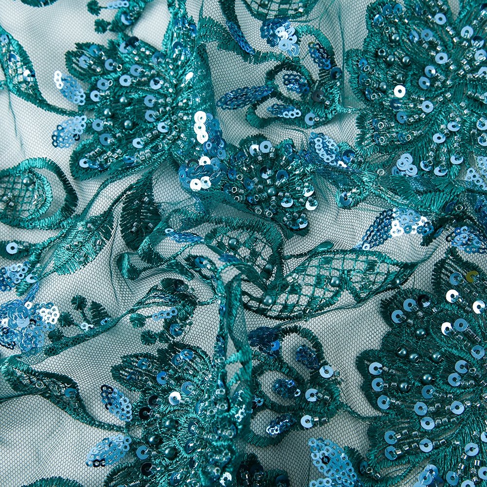 French Lace Fabric Mesh Green Sequin 3d Flower Embroidery Fabric for Dress Heavy Beaded Luxury Tulle Underwear 100% Polyester /