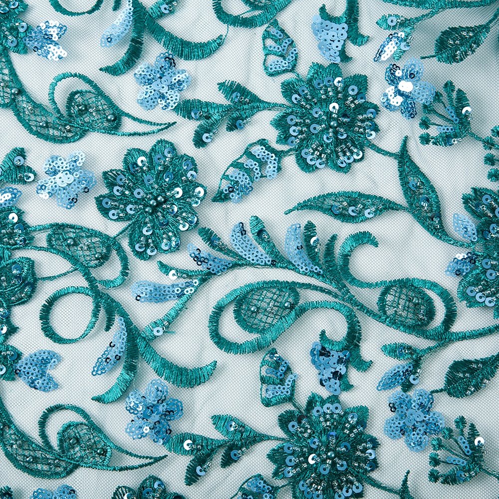 French Lace Fabric Mesh Green Sequin 3d Flower Embroidery Fabric for Dress Heavy Beaded Luxury Tulle Underwear 100% Polyester /