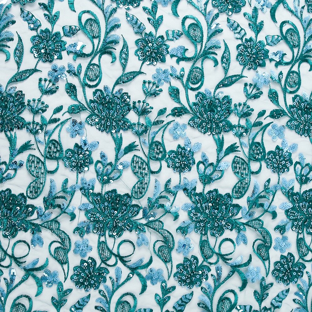 French Lace Fabric Mesh Green Sequin 3d Flower Embroidery Fabric for Dress Heavy Beaded Luxury Tulle Underwear 100% Polyester /