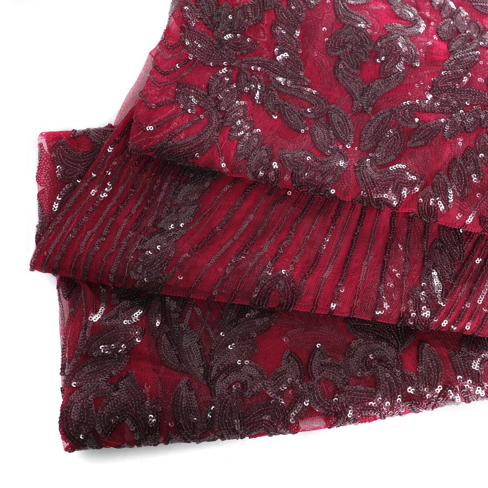 Burgundy Red Wedding Asoebi Sequin Embroidery Mesh Fabric for West African Nigerian Bride