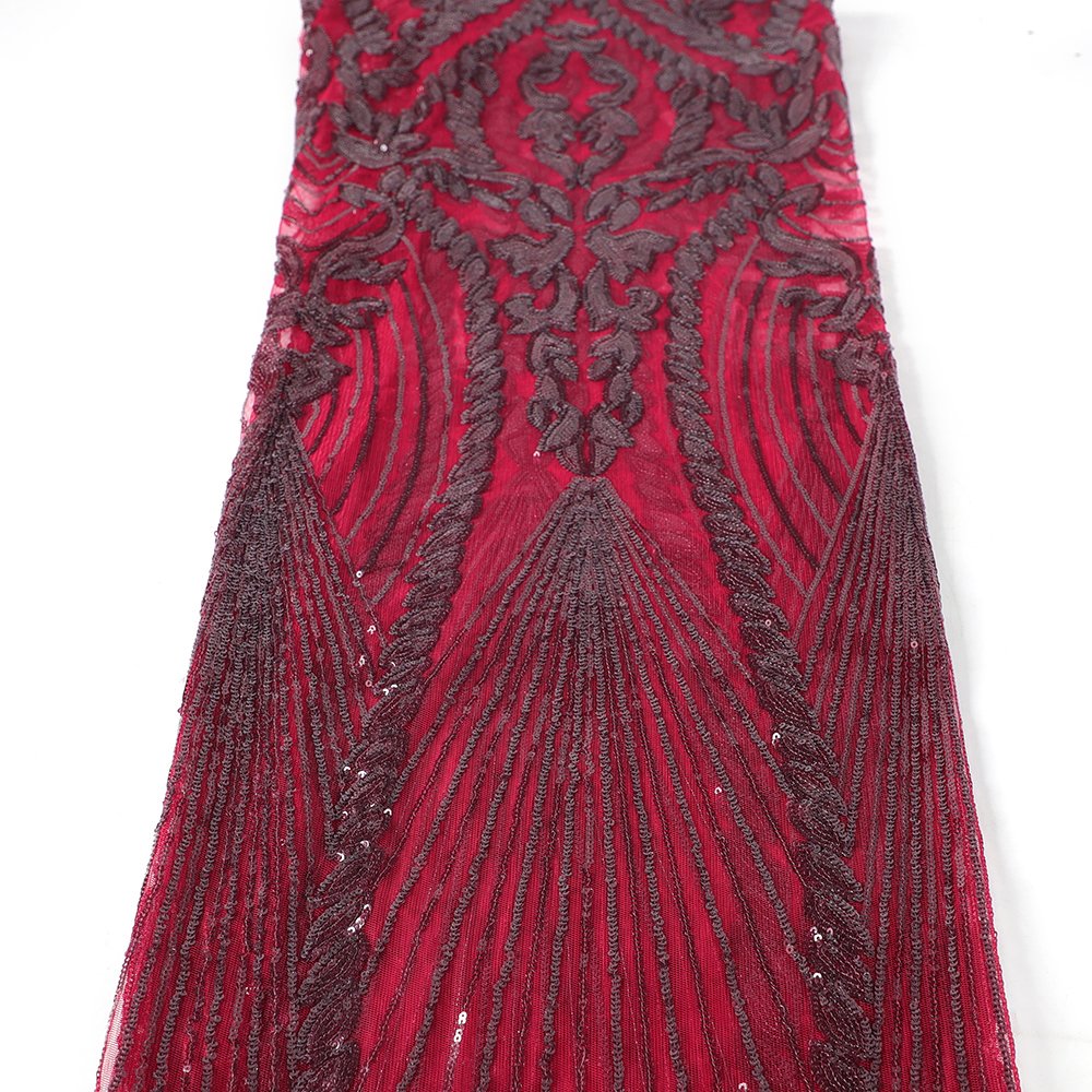 Burgundy Red Wedding Asoebi Sequin Embroidery Mesh Fabric for West African Nigerian Bride