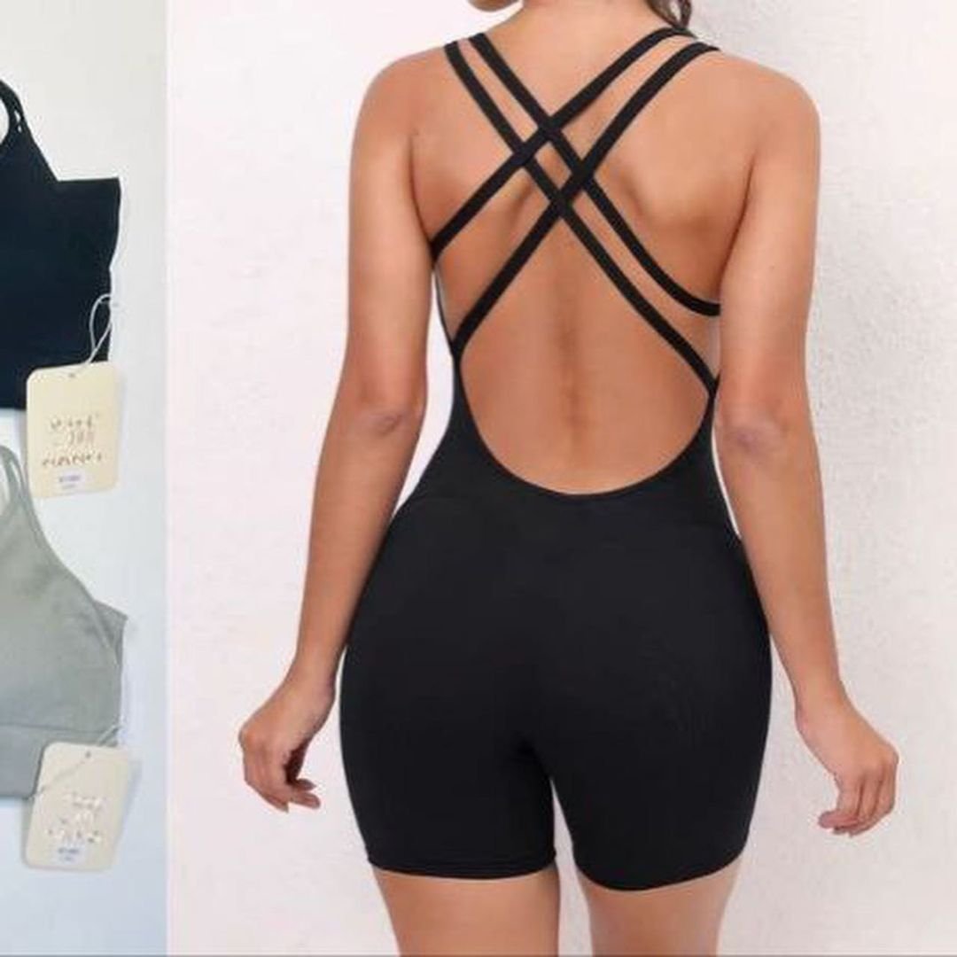 Nylon Women Seamless Sports Rib Jumpsuit Femm Cross Back Triple Push up Yoga Bodysuit Fitness Elastic Workout Clothes
