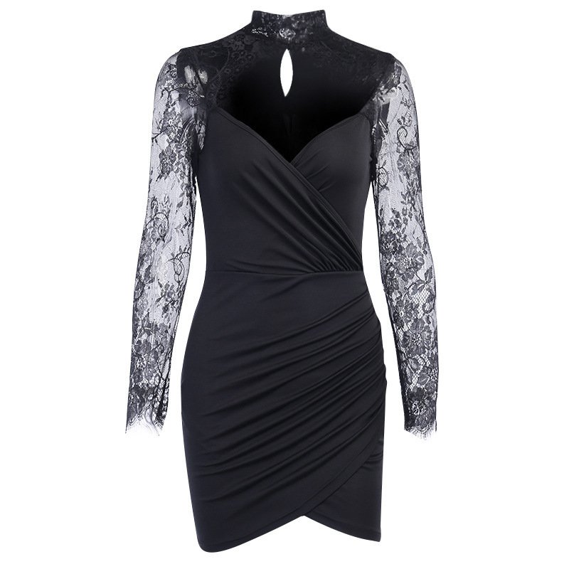 Women's lace stitching long-sleeved dress Sexy V Collar slim fit skirt Summer sexy bodycon dress