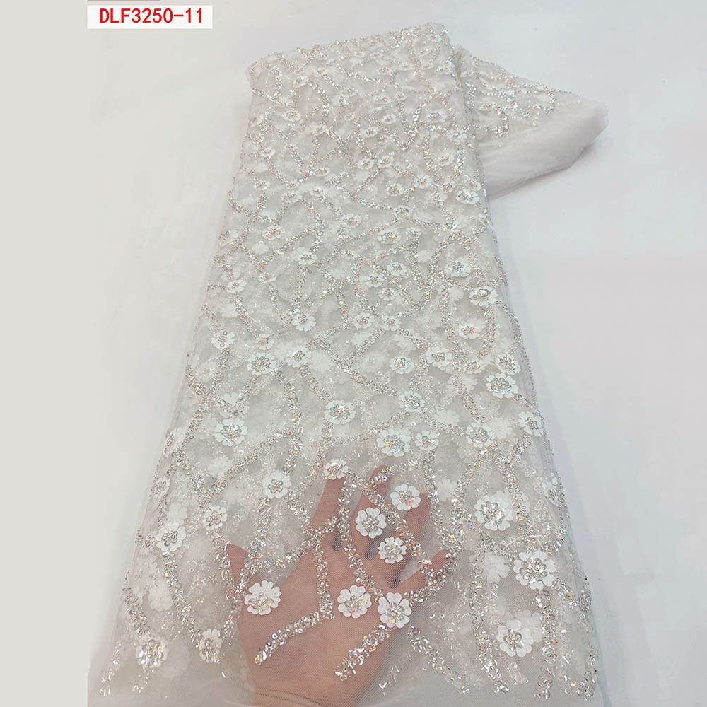 Quality bridal Beads Lace Fabric white Net Embroidery tulle with Pearl sequins Lace Fabric tela de encaje de flore 3d y perlas