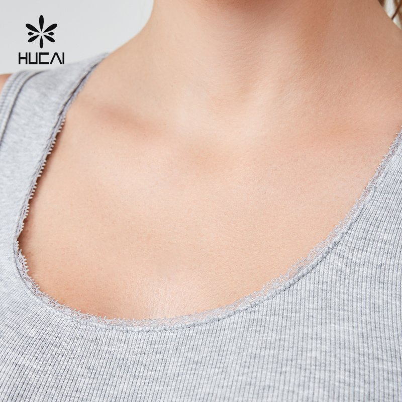 HUCAI Custom Logo Womens gray sexy cotton Spandex lace edge high strech ribbed tight fit Bodycon maxi Sleeveless Dress