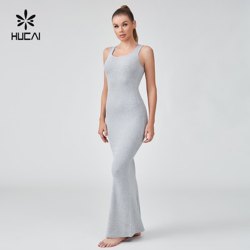 HUCAI Custom Logo Womens gray sexy cotton Spandex lace edge high strech ribbed tight fit Bodycon maxi Sleeveless Dress
