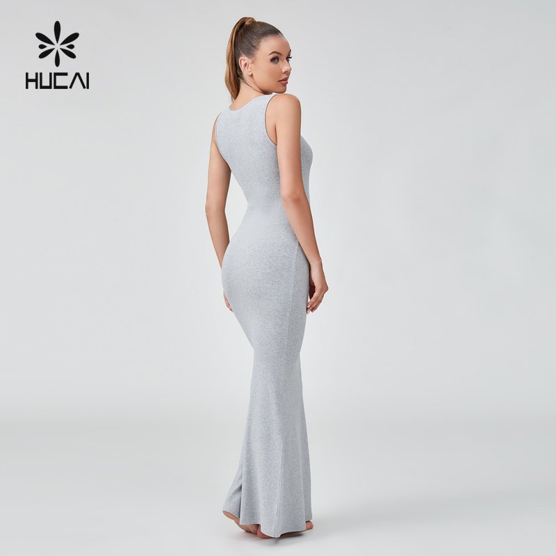 HUCAI Custom Logo Womens gray sexy cotton Spandex lace edge high strech ribbed tight fit Bodycon maxi Sleeveless Dress