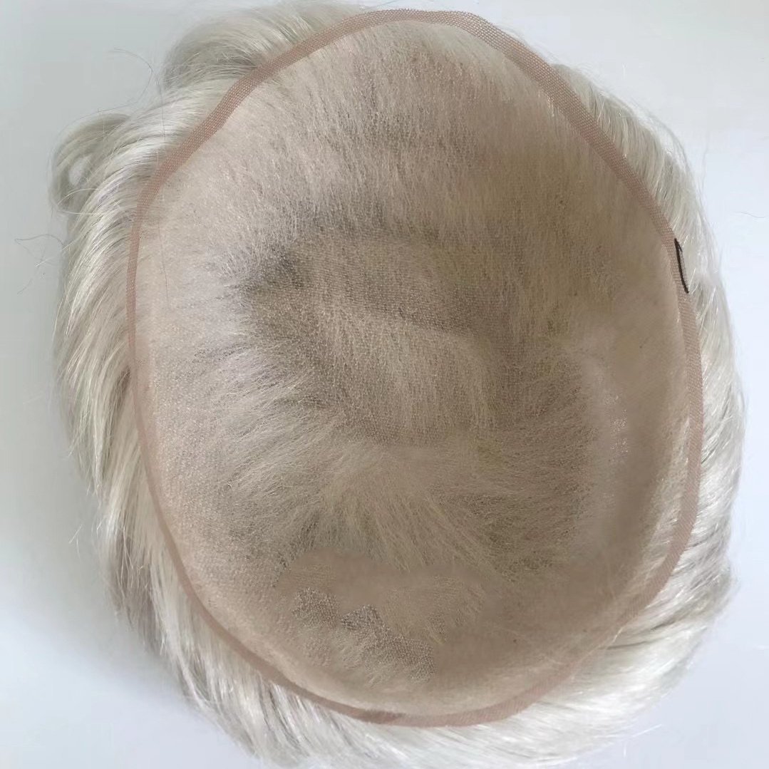 Breathable All French Lace 100% Human Snow White Hair Color #60R Natural Front Hairline Toupee For Men