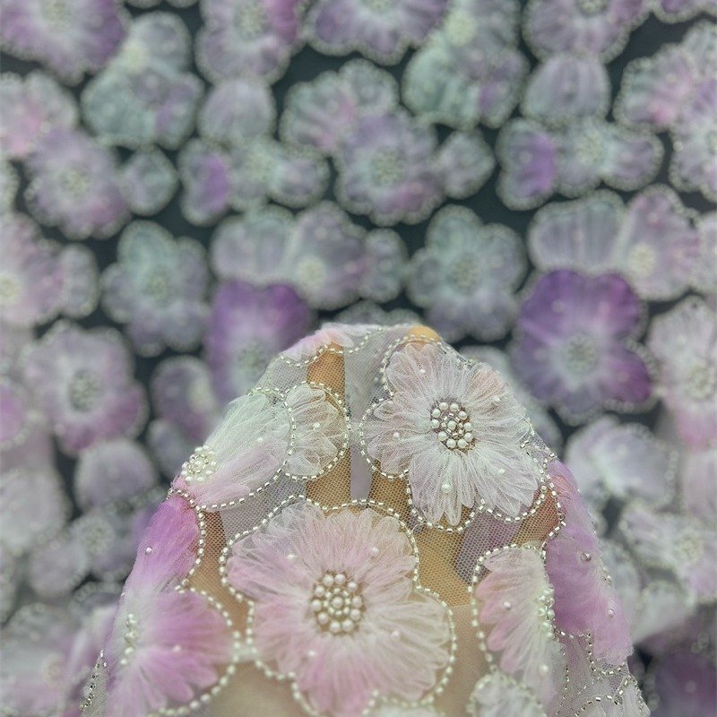 Factory selling indian fabric 3D flower beaded embroidery fabric nail mesh dress evening gown lace polyester fabrics