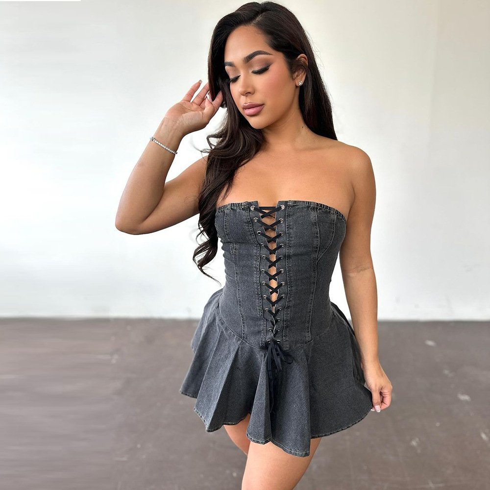 Summer Y2k Women's Clothing Transparent Strap Pleated Dress Off Shoulder Sleeveless Dress Fashion Lace Up Tube Dresses