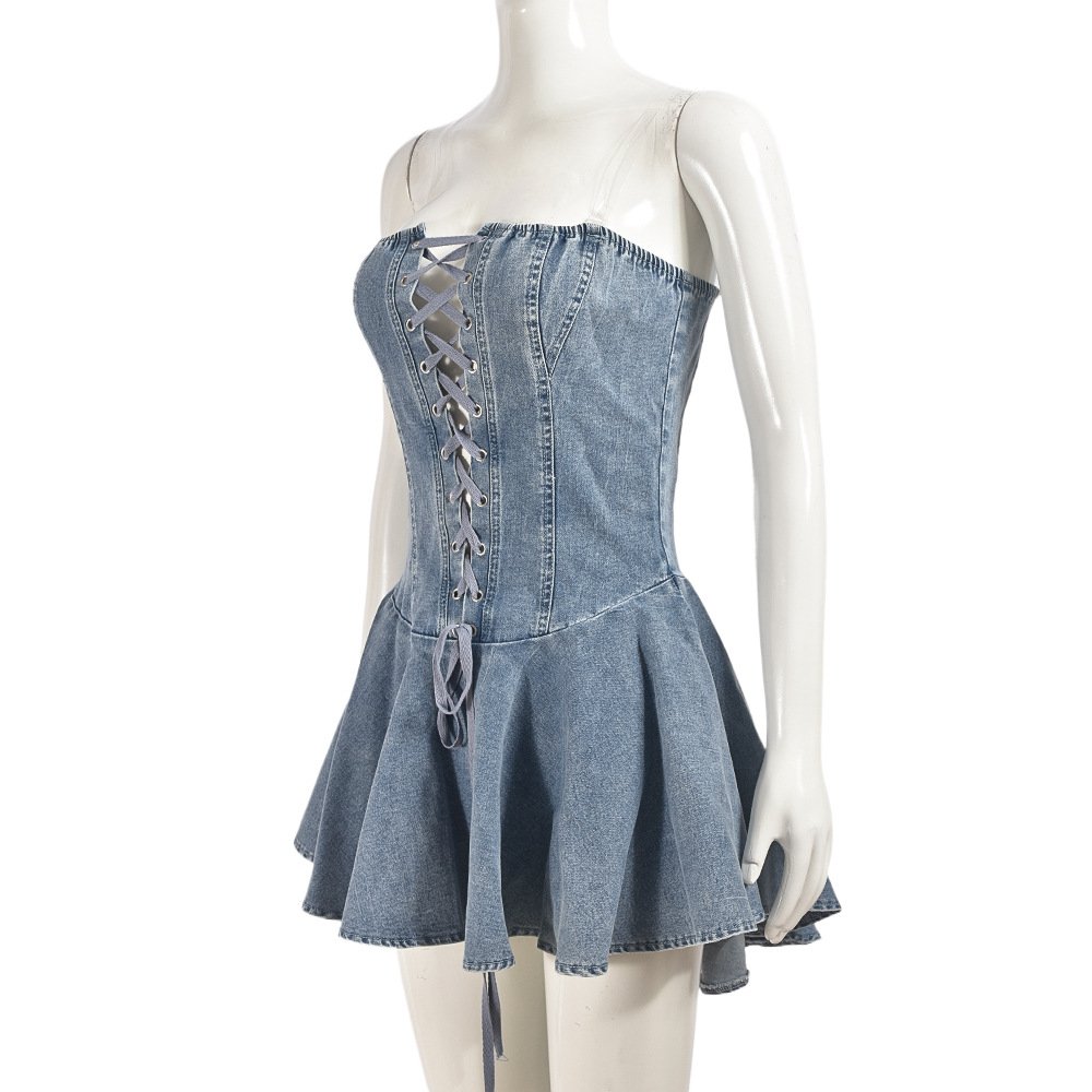 Summer Y2k Women's Clothing Transparent Strap Pleated Dress Off Shoulder Sleeveless Dress Fashion Lace Up Tube Dresses
