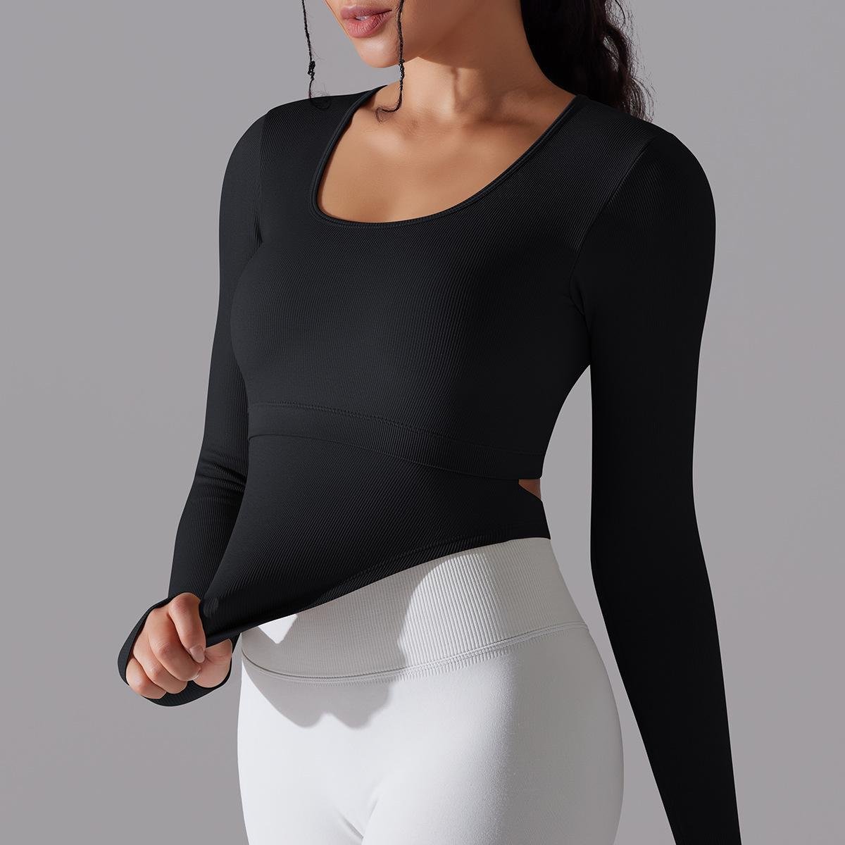 New Arrival Seamless Knitted Solid Color Split Hollow Ribbed Sports Yoga Long-sleeved With Chest Pad Fitness Crop Top For Women
