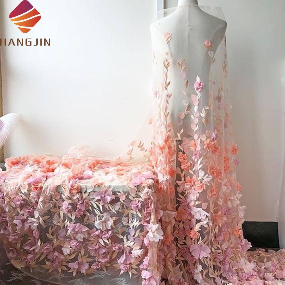 Peach Pink Soft 3D Chiffon Flower Lace Fabric 3D Flowers Petals Embroidery Bridal Tulle Lace Fabric For Wedding Dress