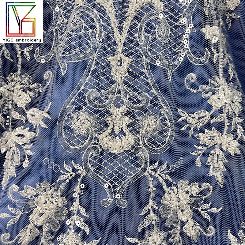New french white beaded sequins bridal wedding lace Mesh with sequins Embroidery women dress Lace Fabric