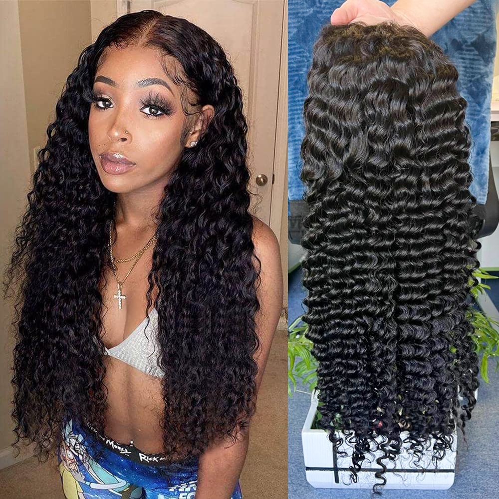 Deep Wave Lace Frontal Wig Deep Curly Lace Front Human Hair Wigs 30 Inch Long Virgin Hair Transparent for Black Wome Brazilian