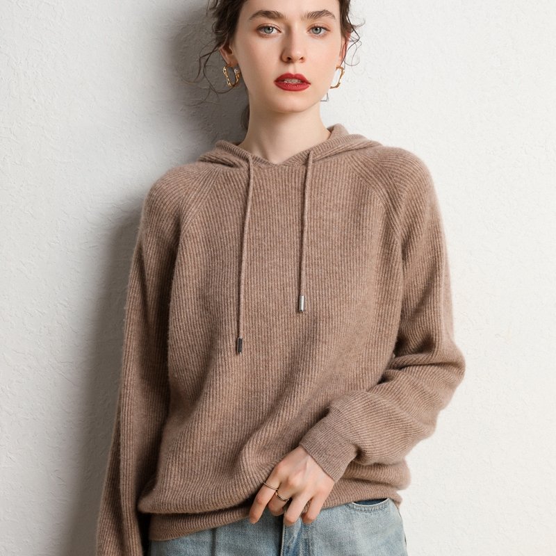 Women Fashion Cashmere Wool Ribbed Knit Casual Pullover Hoodie