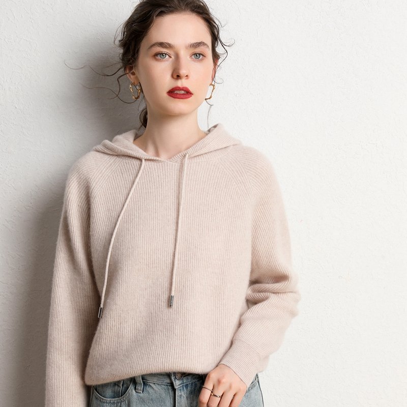Women Fashion Cashmere Wool Ribbed Knit Casual Pullover Hoodie