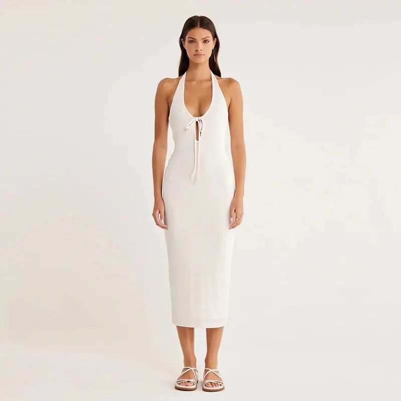 Brand Clothing Manufacturer Custom Summer New Sleeveless Ribbed knitted Midi Dress Halter Cut Out Bodycon Women's Casual Dresses